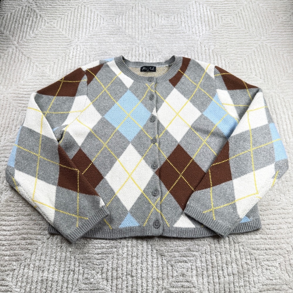 Marled Argyle Cardigan Sweater Women's XL Preppy Academia Retro Collegiate Mod